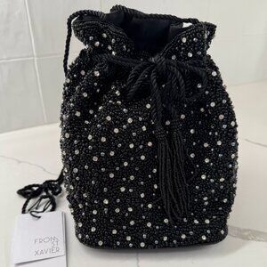 From St Xavier Black Beaded Evening Bag, Crystal Handbag, Mini Drawstring Pouche